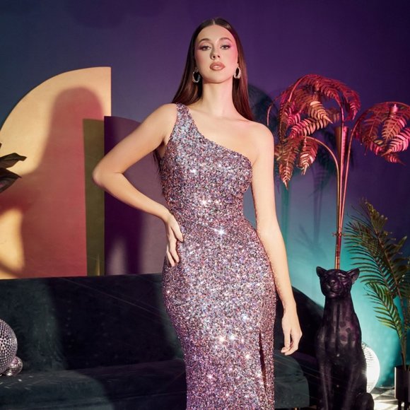 NEW ONE SHOULDER SLEEVELESS EMBROIDERED SEQUIN DRESS WITH ZIPPER BACK CD CH118 - Picture 4 of 9